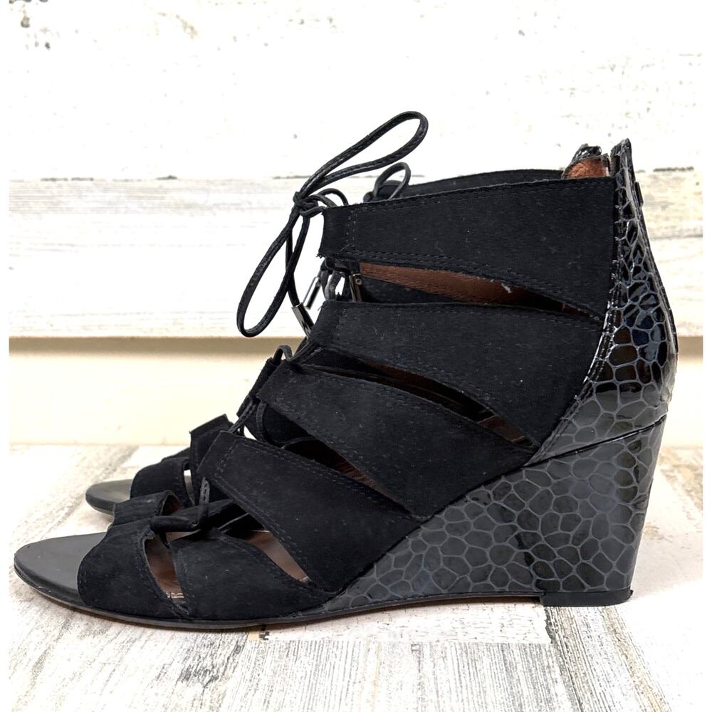 Donald J Pliner Womens 8.5 Black Suede Patent Wedge Sandals Designer Luxe